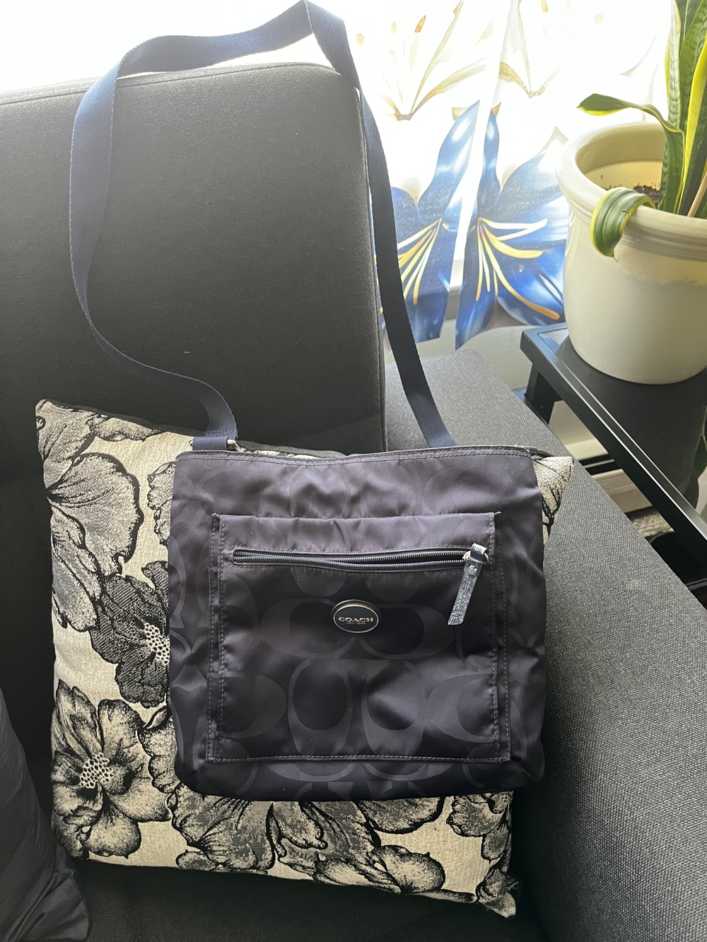 Coach Navy Signature Nylon Messenger Bag with Strap